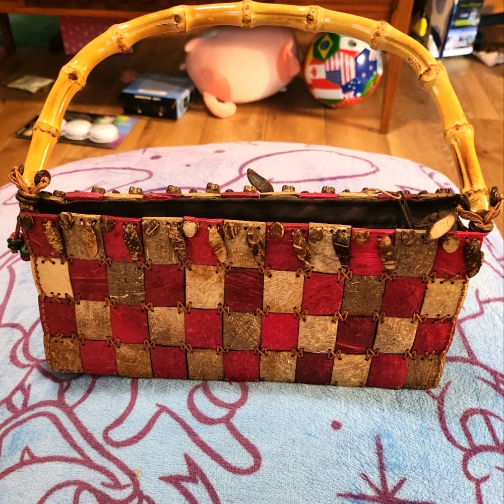 Handmade Leather Purse with Bamboo handle Red and light brown checked
